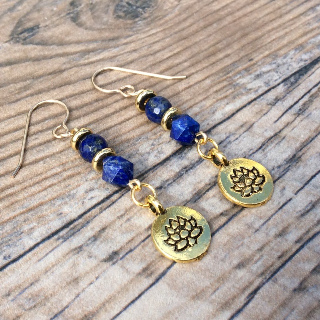 Lotus Earrings With Lapis Lazuli, Crystal Healing Jewelry